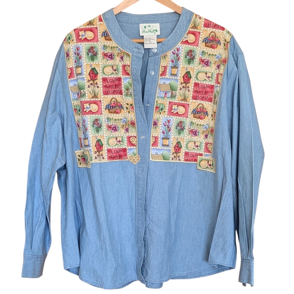 Quacker Factory Light Blue Denim Shirt 3X Gardening Spring Cottagecore Chambray